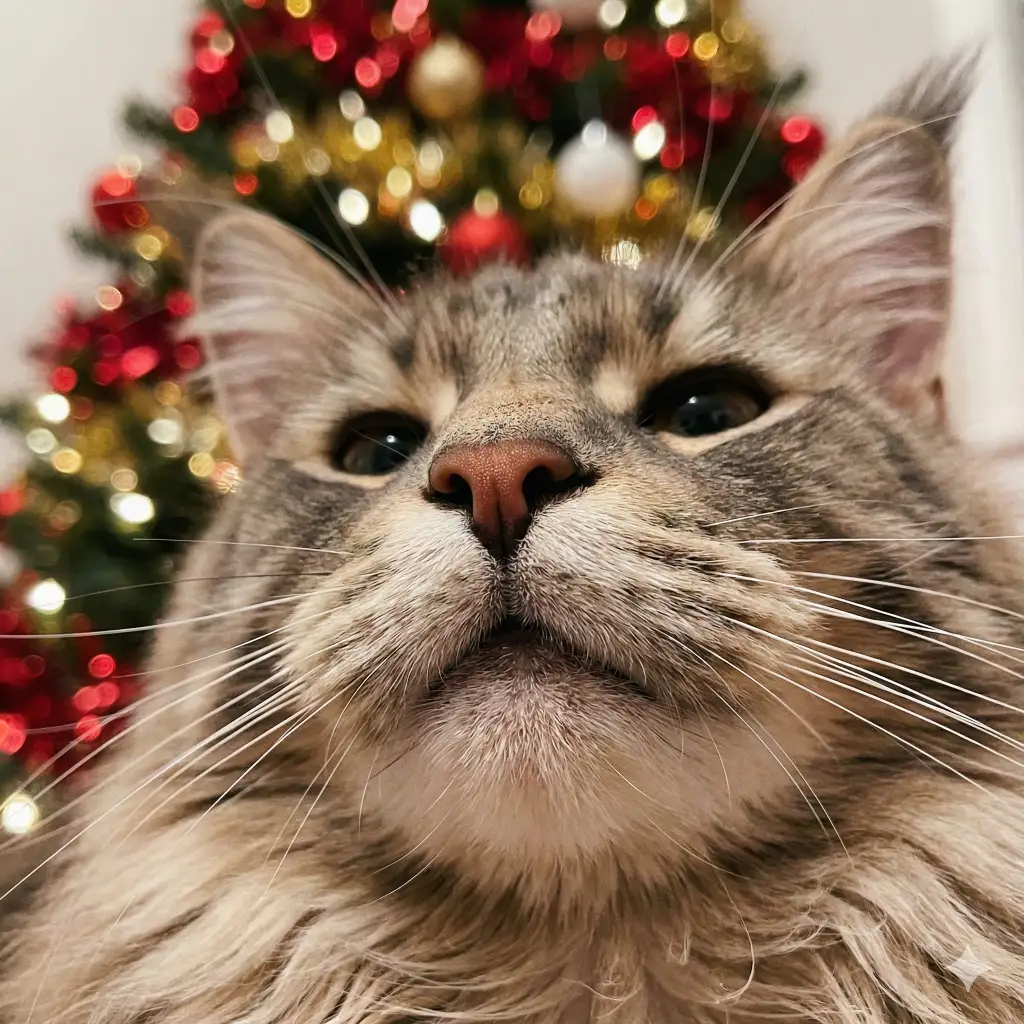 Maine Coon cat with holiday lights close-up photo created with Nano Banana Pro