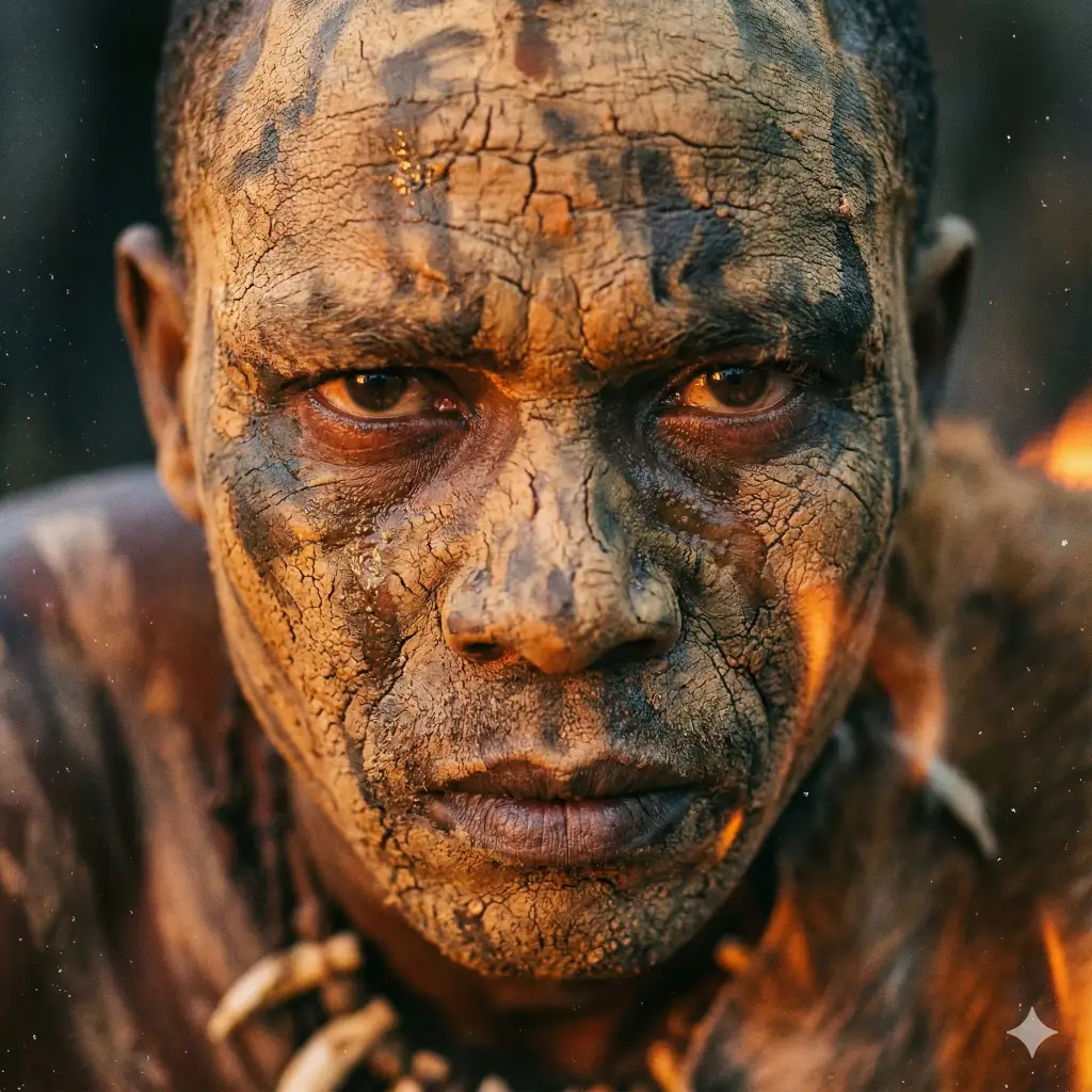 Tribal warrior with clay paint gritty close-up photo created with Nano Banana Pro