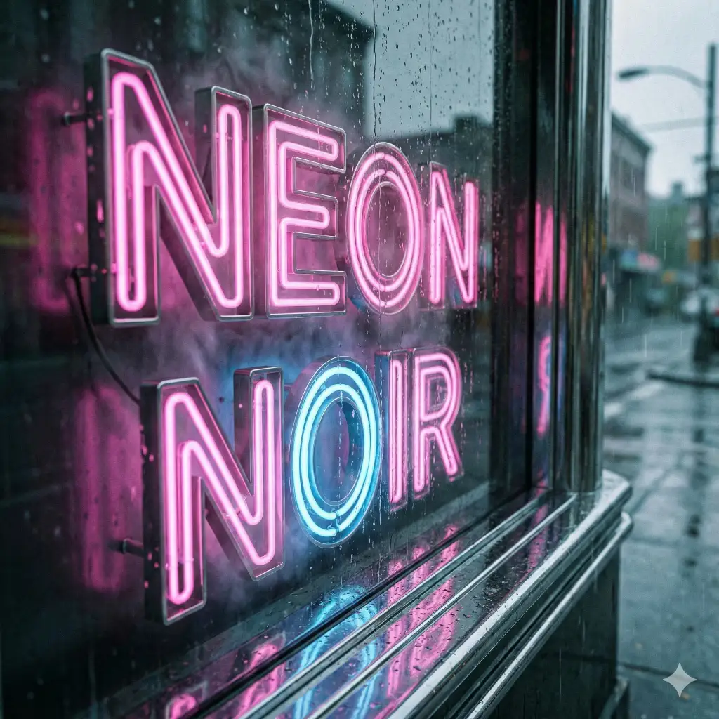 Glowing neon sign with rain close-up photo created with Nano Banana Pro